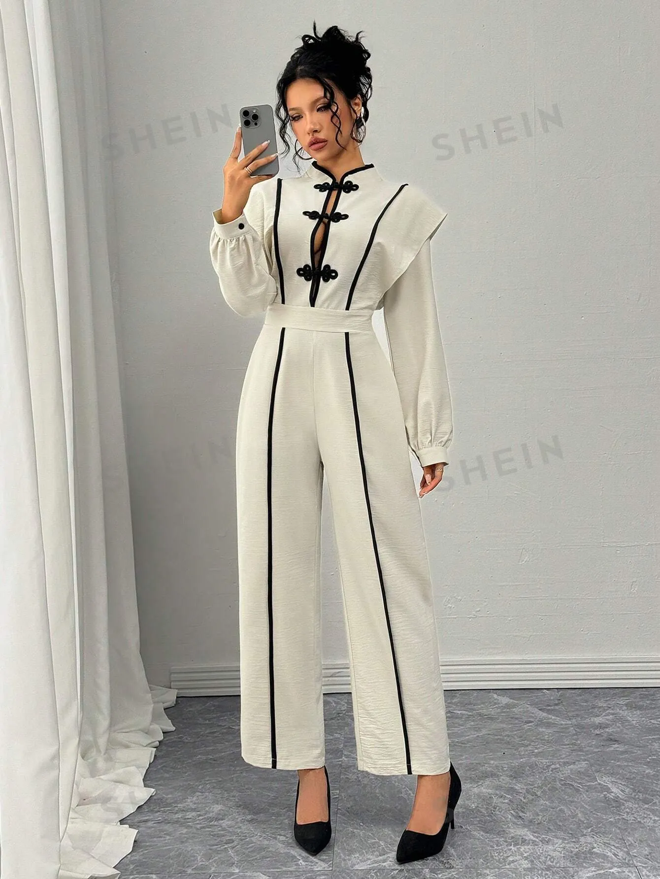 French Casual Ruffled Hem Black Trim Long Sleeve Chinese Knot Button Textured Fabric Overall Jumpsuit, Light Brown For Women, Autumn/Winter