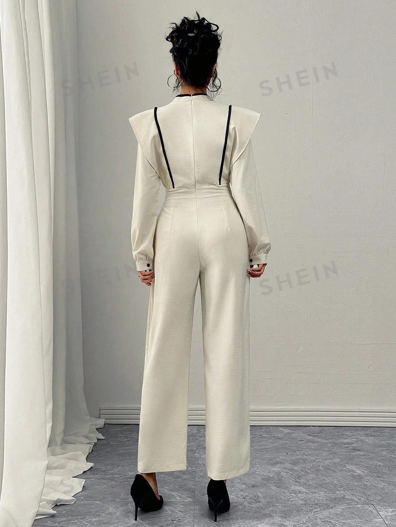 French Casual Ruffled Hem Black Trim Long Sleeve Chinese Knot Button Textured Fabric Overall Jumpsuit, Light Brown For Women, Autumn/Winter