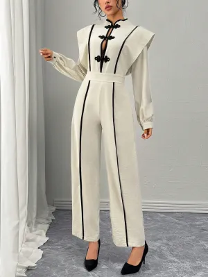 French Casual Ruffled Hem Black Trim Long Sleeve Chinese Knot Button Textured Fabric Overall Jumpsuit, Light Brown For Women, Autumn/Winter