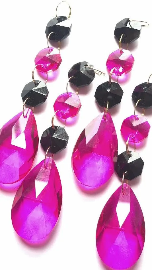 Fuchsia Pink and Black Teardrops, Chandelier Crystals Ornaments, Pack of 5