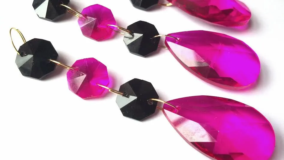 Fuchsia Pink and Black Teardrops, Chandelier Crystals Ornaments, Pack of 5