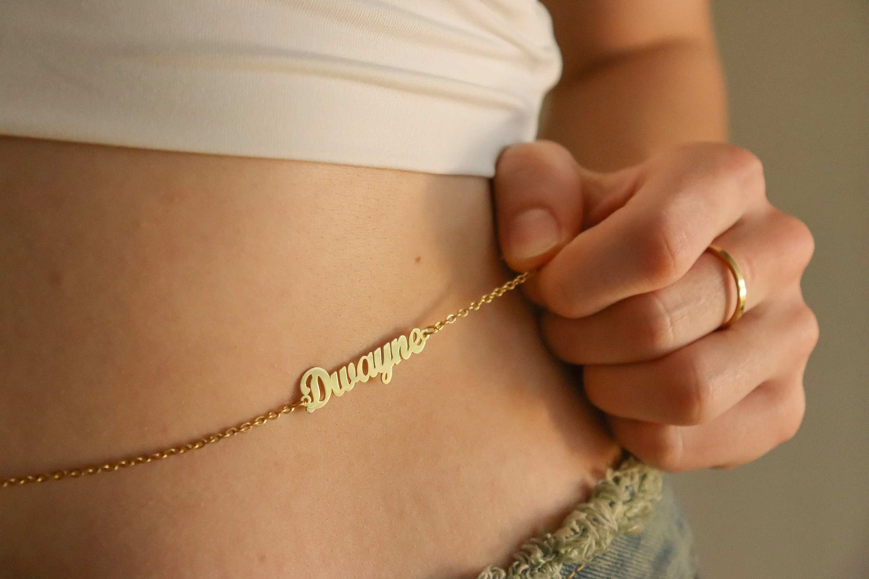 Gold Filled Name Belly Chain ,Custom Gift For Her, WATERPROOF, Add Your Birthstone.