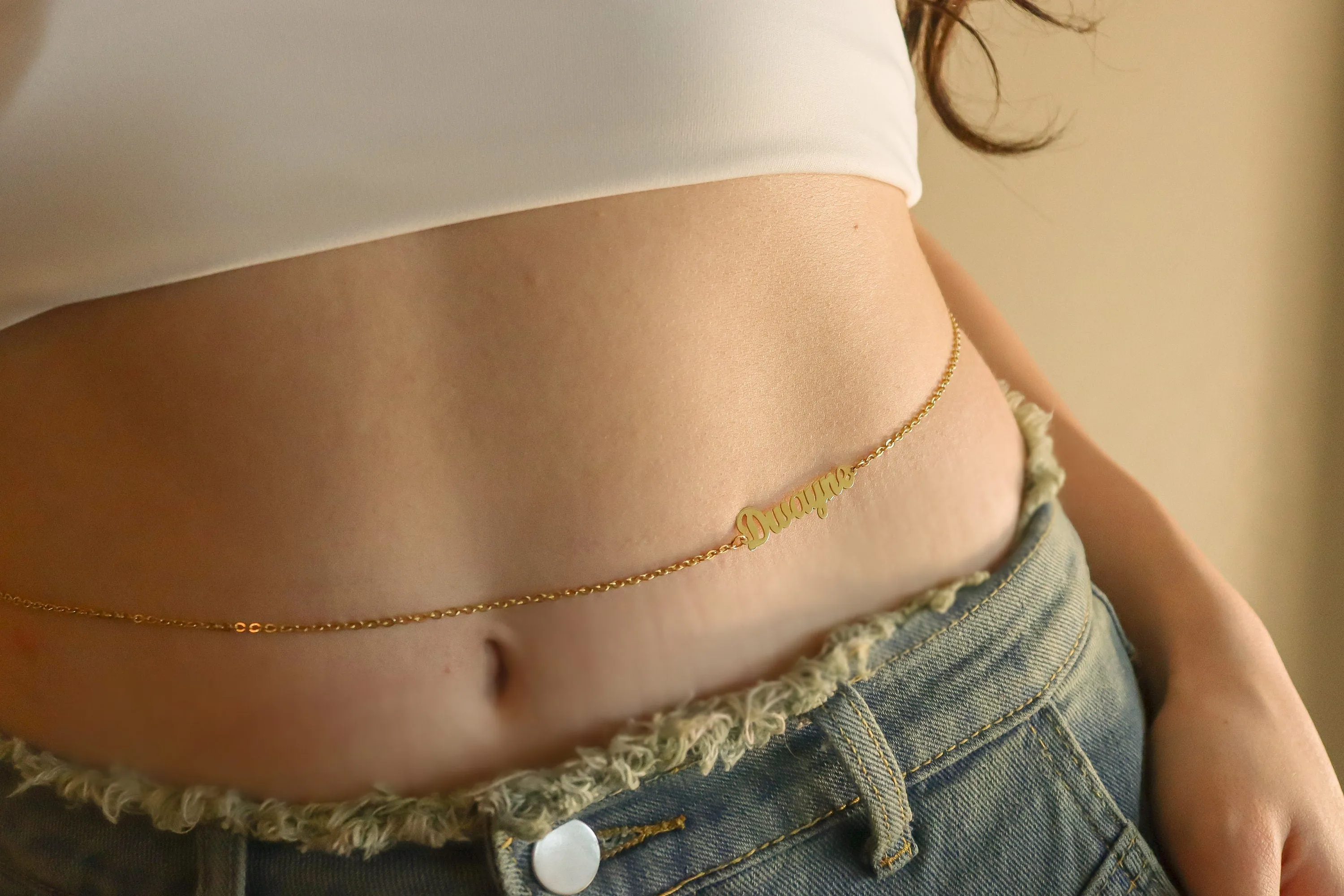 Gold Filled Name Belly Chain ,Custom Gift For Her, WATERPROOF, Add Your Birthstone.