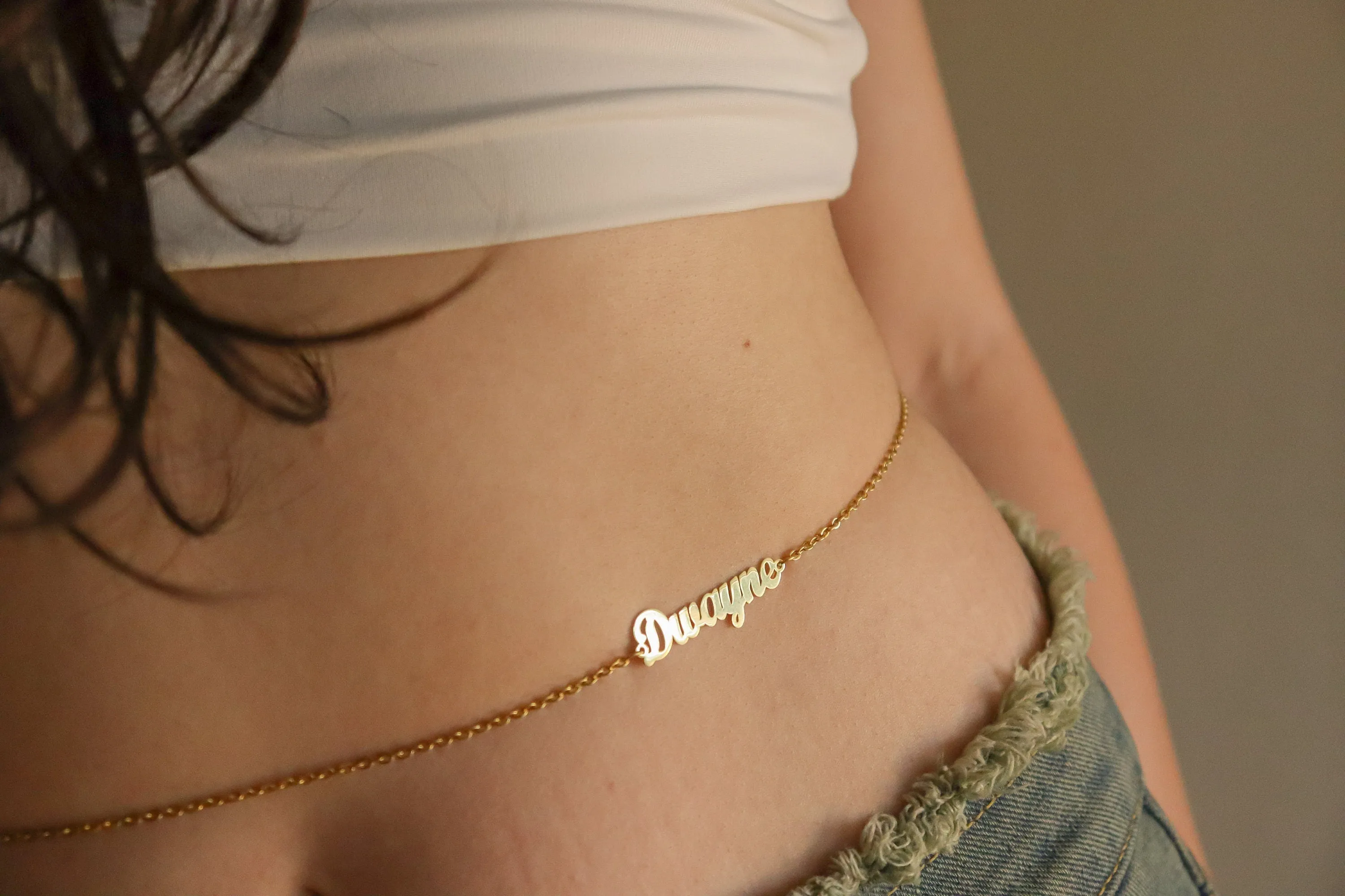 Gold Filled Name Belly Chain ,Custom Gift For Her, WATERPROOF, Add Your Birthstone.