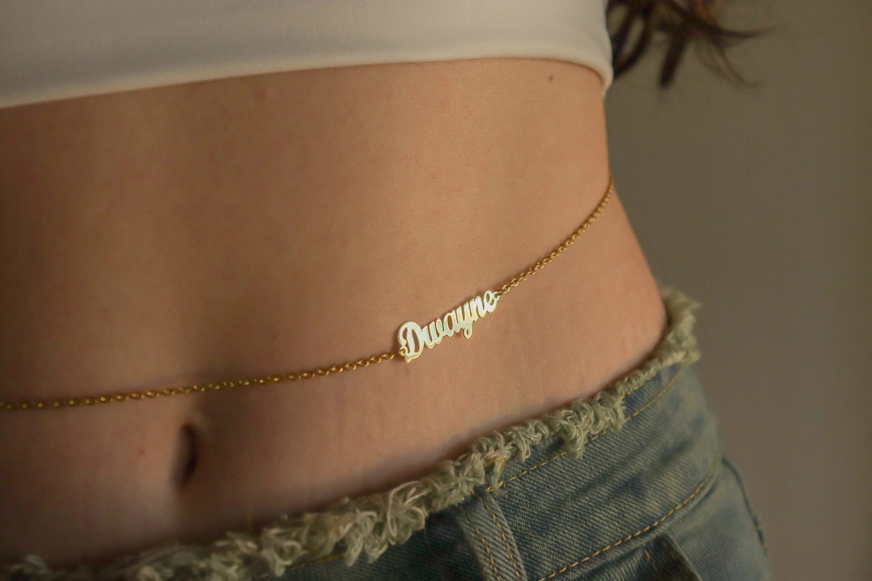 Gold Filled Name Belly Chain ,Custom Gift For Her, WATERPROOF, Add Your Birthstone.