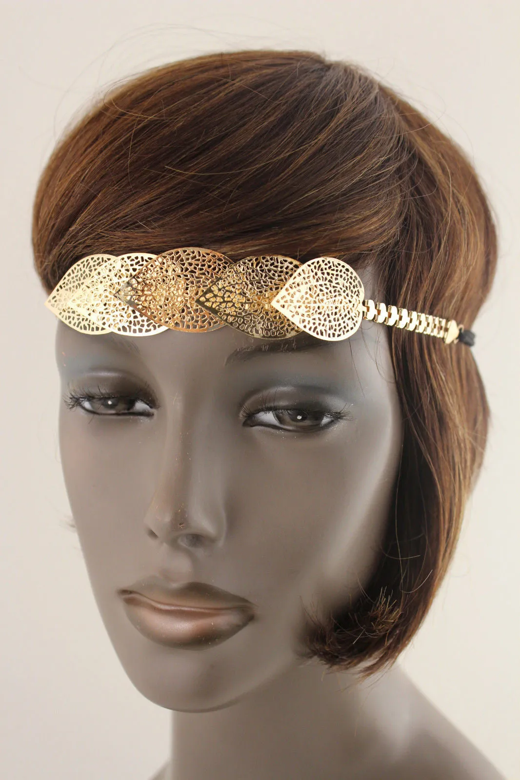Gold Silver Metal Head Band Chain Big Leaves Lady  Hair Headband