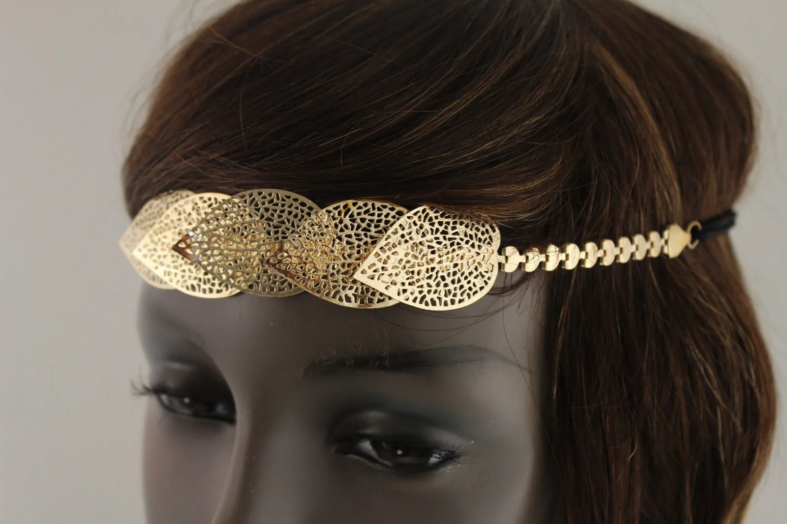 Gold Silver Metal Head Band Chain Big Leaves Lady  Hair Headband