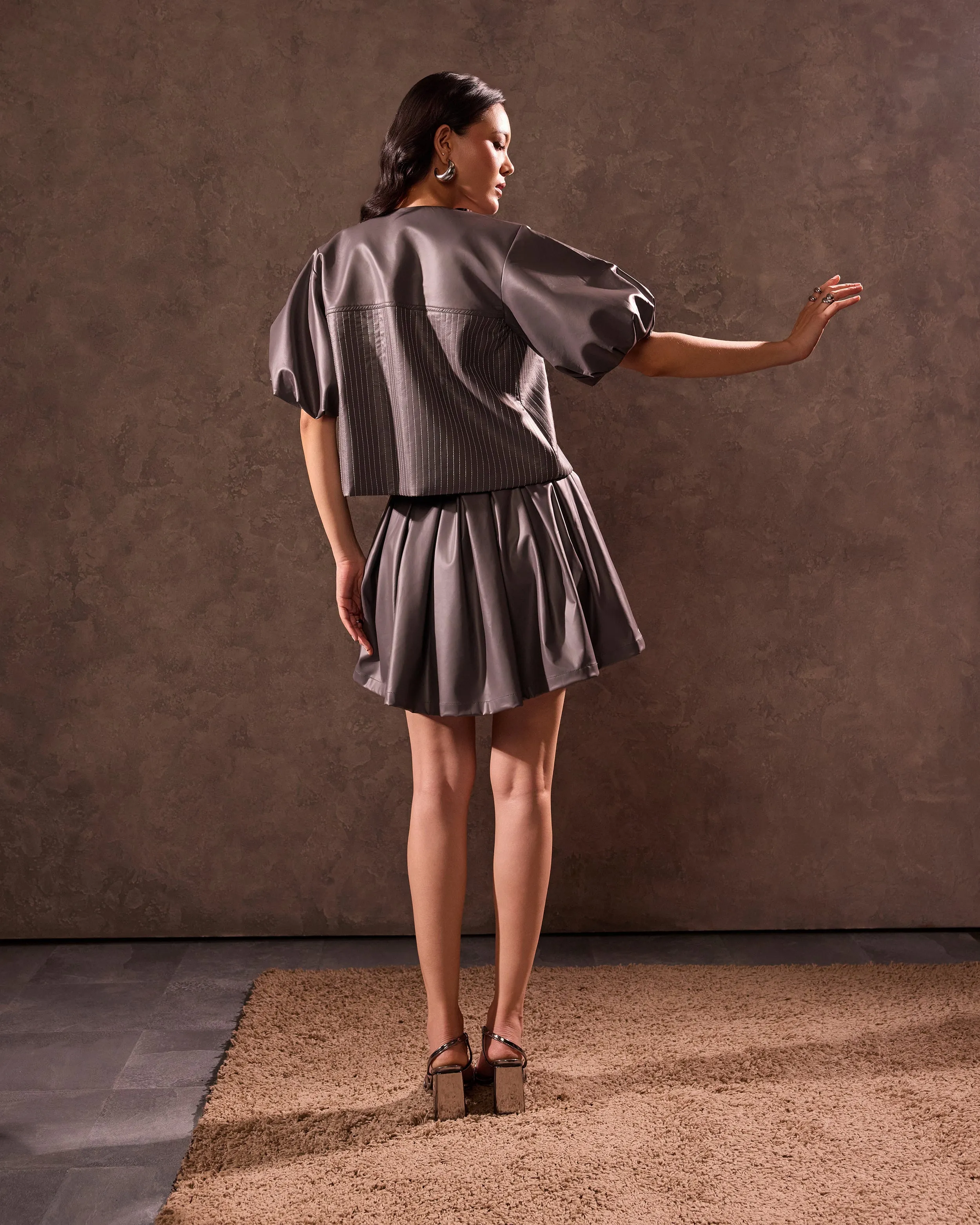 Grey Faux Leather Bubble Sleeve Crop Jacket & Box Pleat Mini Skirt