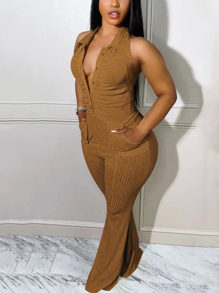 Halter Backless Button Down Jumpsuit