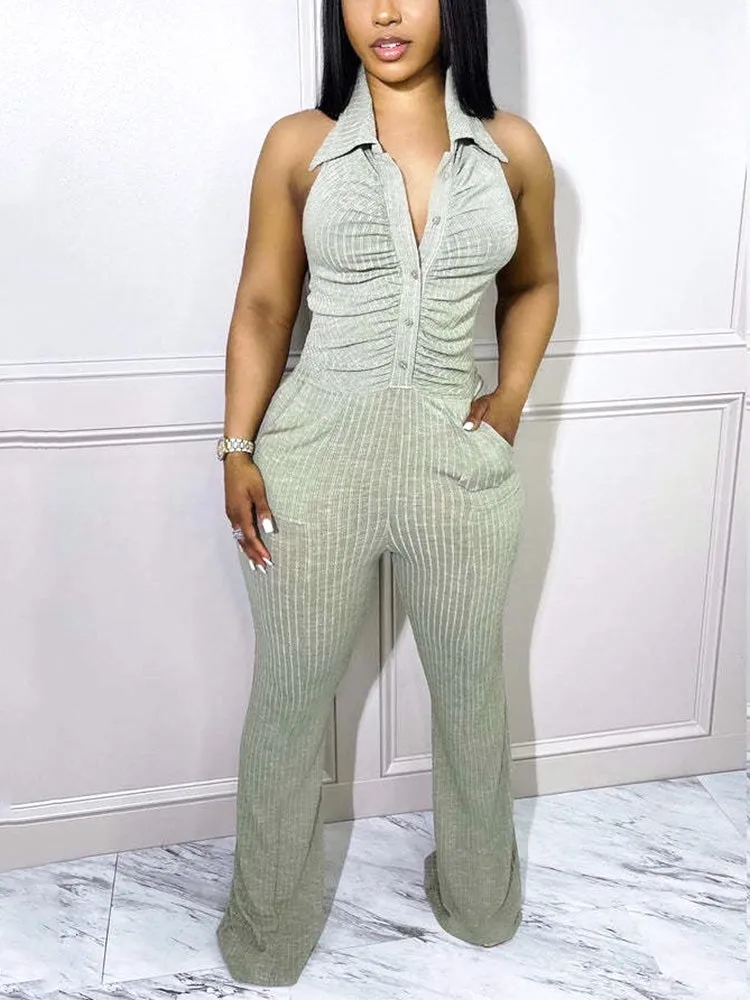 Halter Backless Button Down Jumpsuit