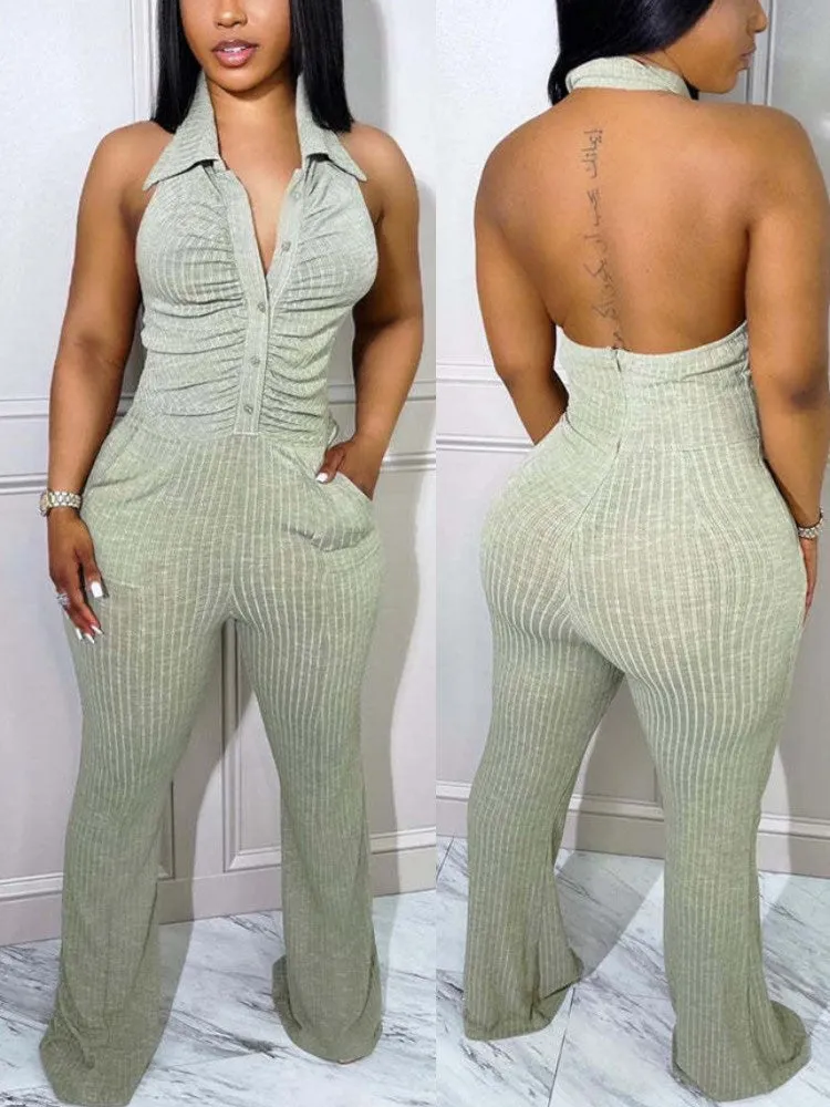 Halter Backless Button Down Jumpsuit