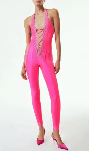 Halter Neck Crystal Backless Jumpsuits In Pink