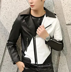 Handmade Two Tone Biker Leather Jacket - Black and White