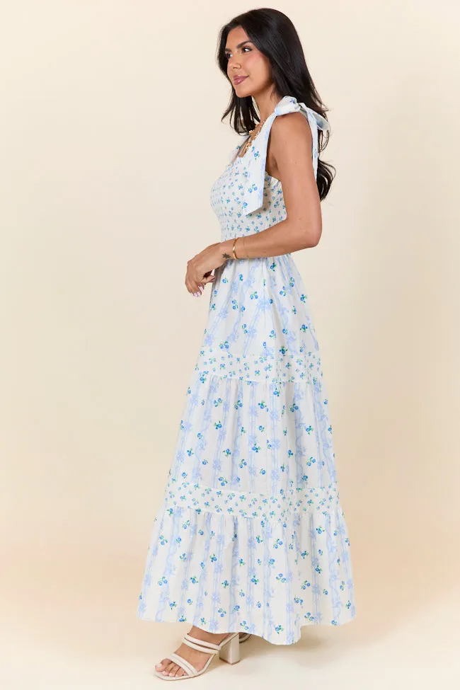 In The Meadows Ivory and Blue Smocked Print Midi Dress