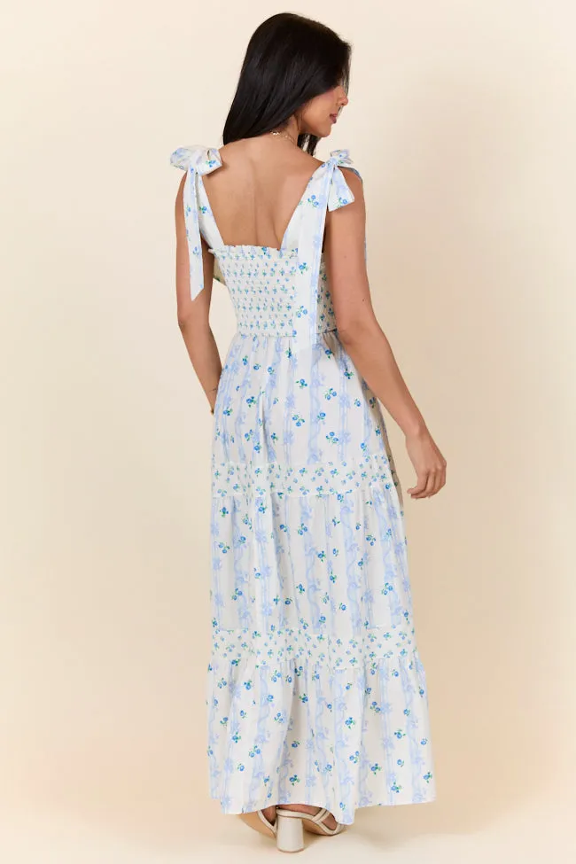 In The Meadows Ivory and Blue Smocked Print Midi Dress