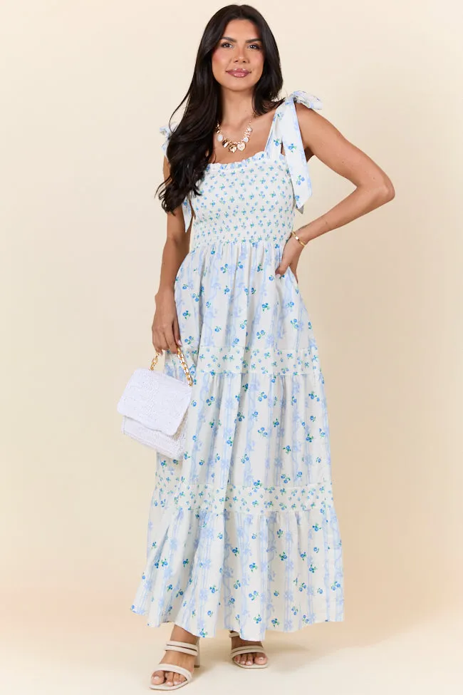 In The Meadows Ivory and Blue Smocked Print Midi Dress