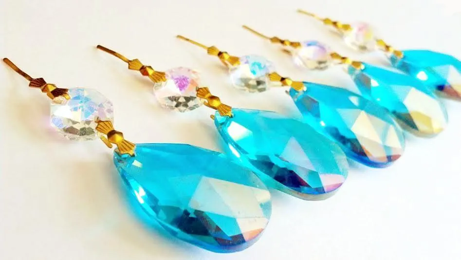 Iridescent Aqua Teardrop Chandelier Crystals Ornament, 38mm Pack of 5