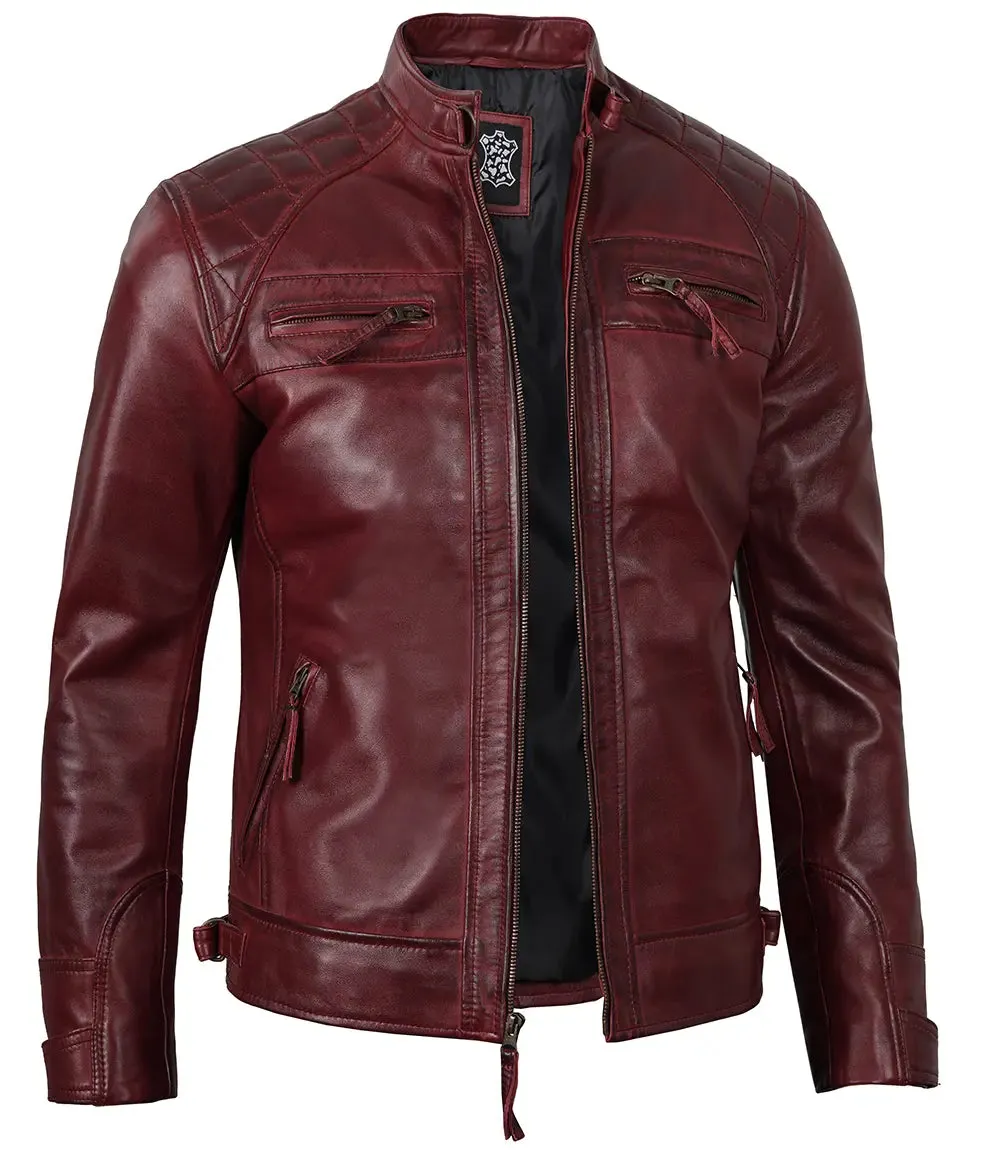 Johnson Maroon Quilted Motorcycle Leather Jacket