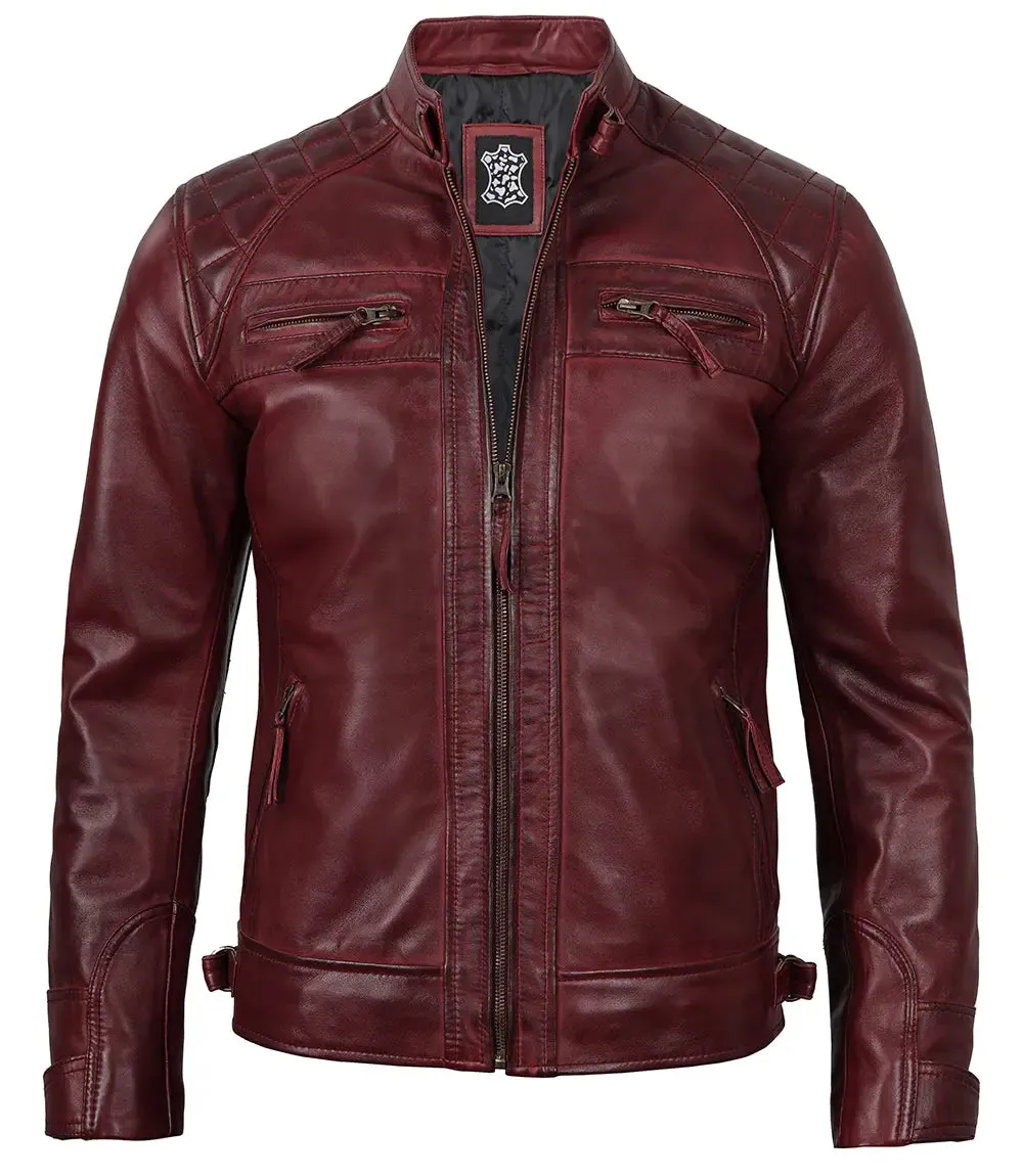 Johnson Maroon Quilted Motorcycle Leather Jacket