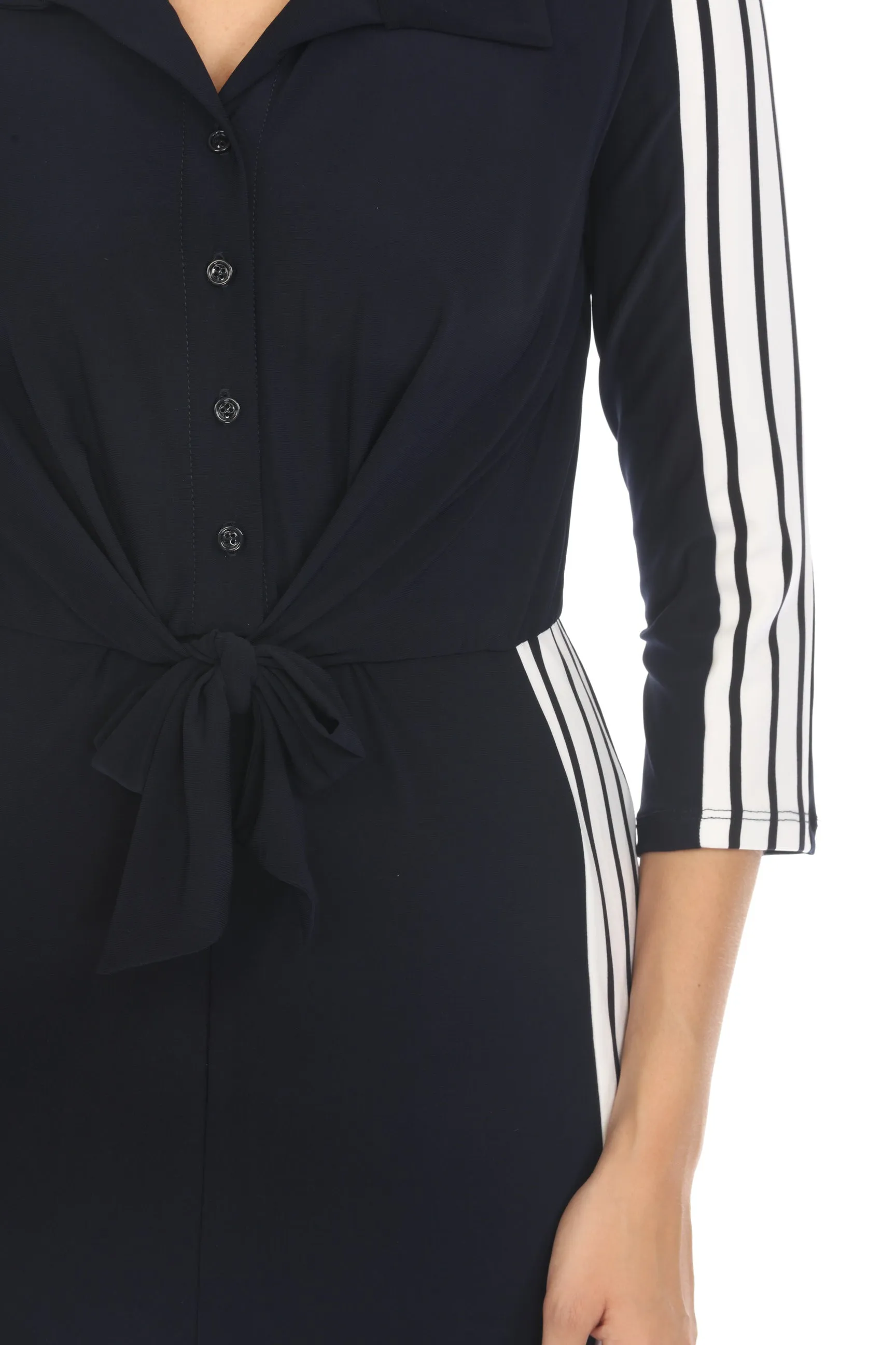 Joseph Ribkoff Vanilla/Midnight Blue Striped Front Slit Midi Dress 242070