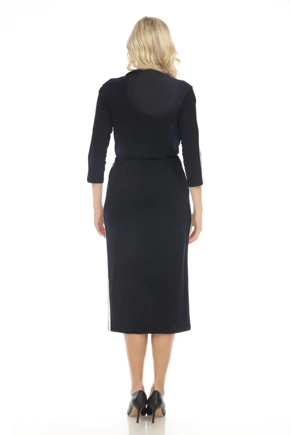 Joseph Ribkoff Vanilla/Midnight Blue Striped Front Slit Midi Dress 242070