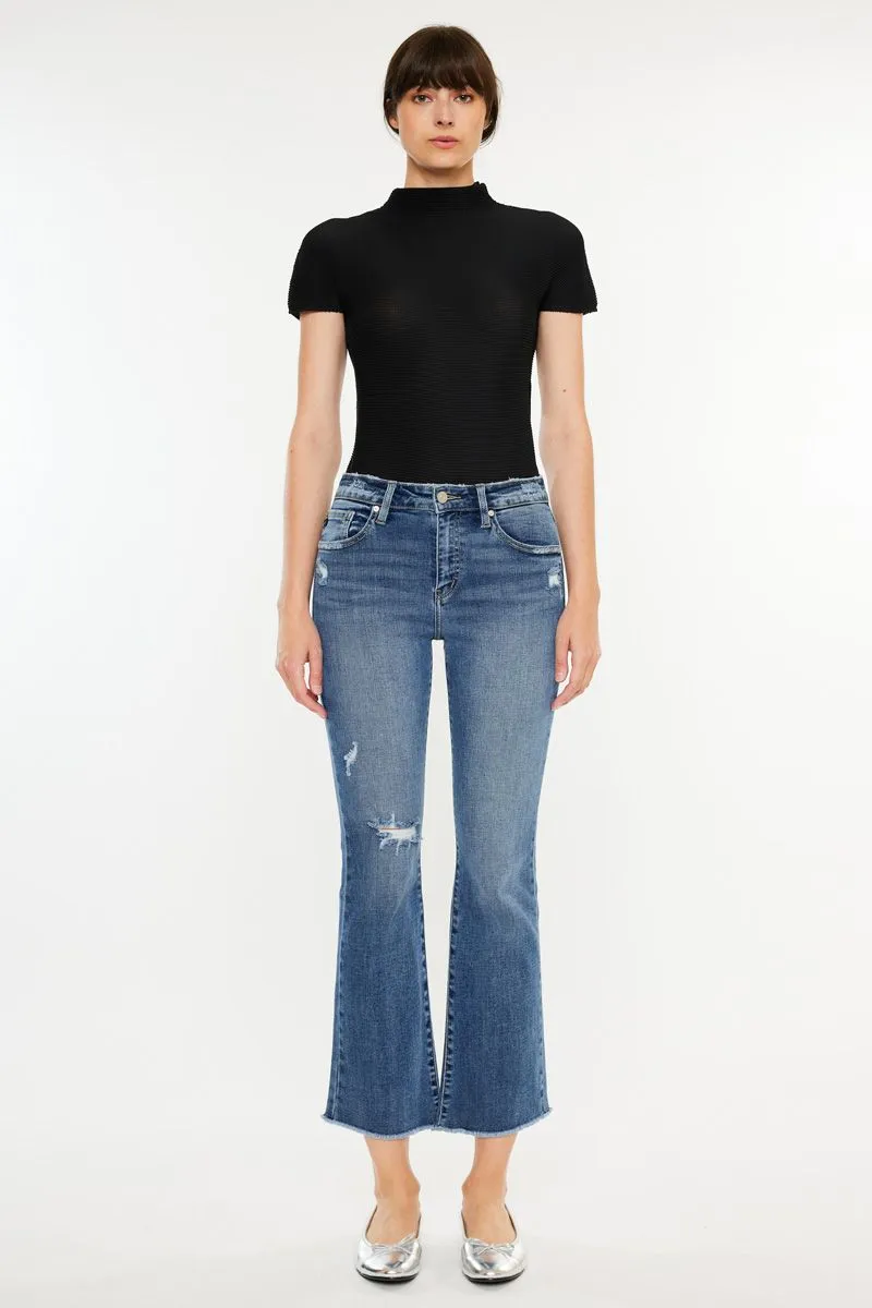 Kancan High Rise Cropped Bootcut Jeans Dark Wash Frayed Hem