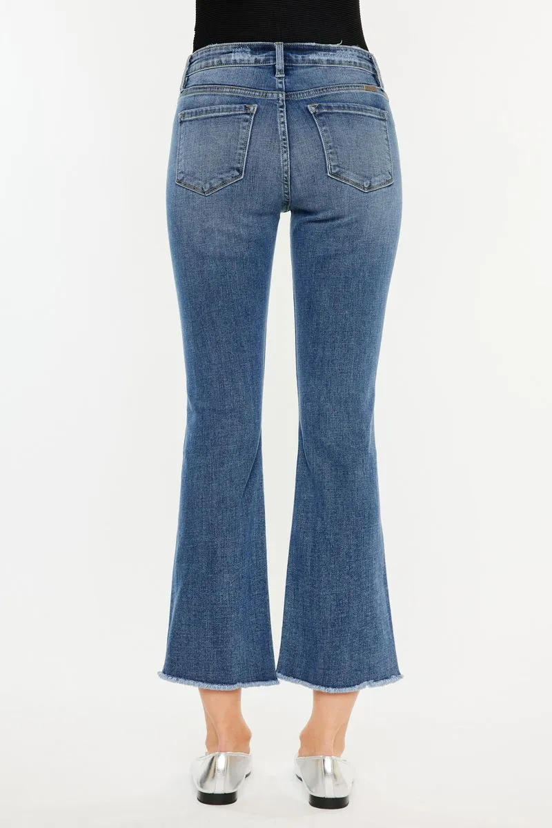 Kancan High Rise Cropped Bootcut Jeans Dark Wash Frayed Hem