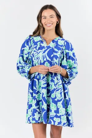 Keep The Flowers Blue and Green Floral Print Long Sleeve Mini Dress