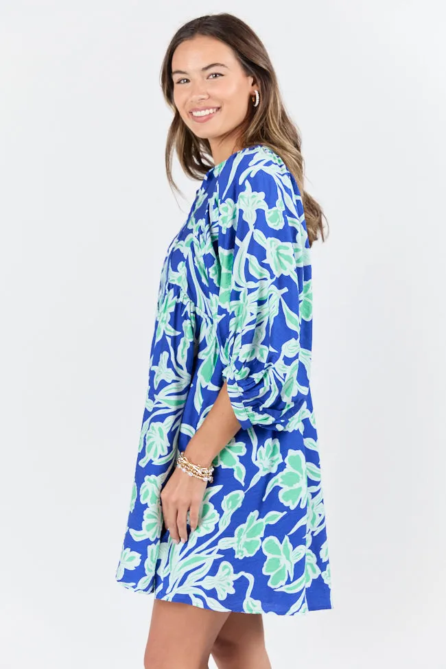 Keep The Flowers Blue and Green Floral Print Long Sleeve Mini Dress