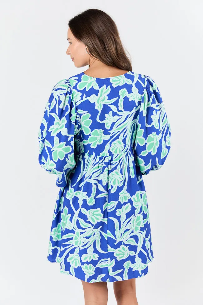Keep The Flowers Blue and Green Floral Print Long Sleeve Mini Dress