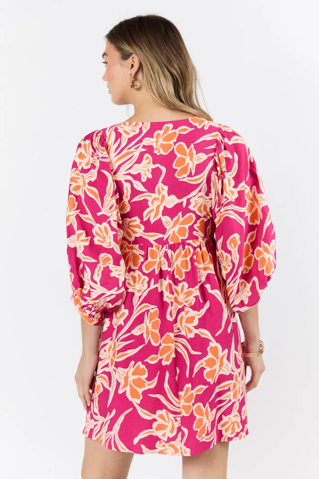 Keep The Flowers Fuchsia Floral Print Long Sleeve Mini Dress