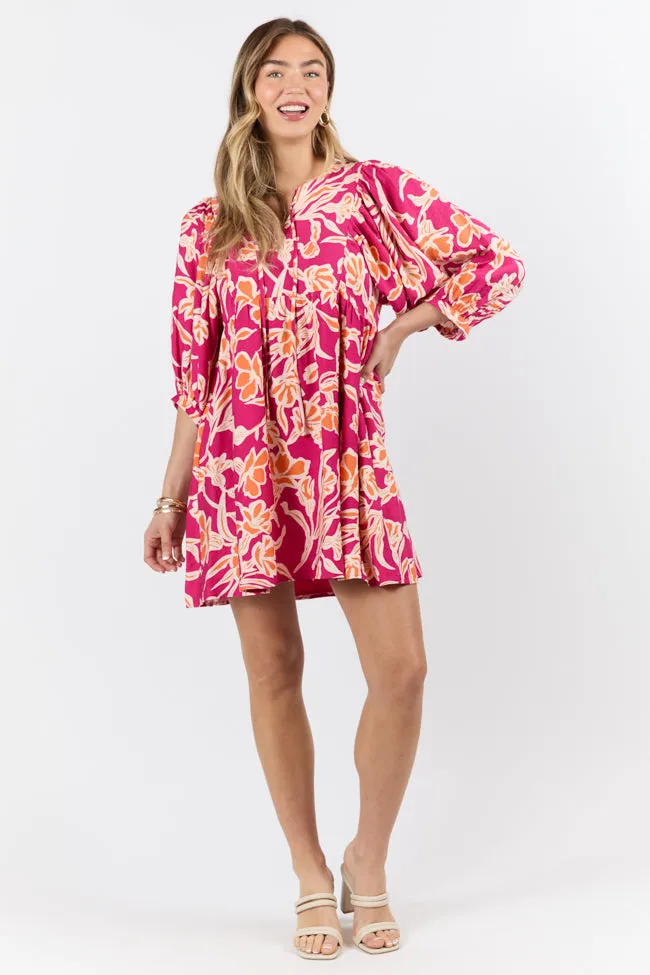 Keep The Flowers Fuchsia Floral Print Long Sleeve Mini Dress