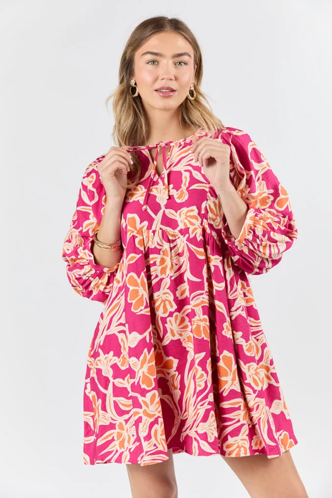 Keep The Flowers Fuchsia Floral Print Long Sleeve Mini Dress