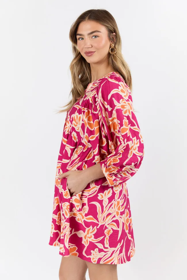 Keep The Flowers Fuchsia Floral Print Long Sleeve Mini Dress