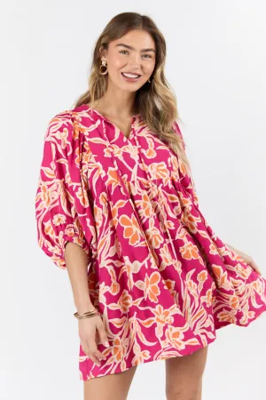 Keep The Flowers Fuchsia Floral Print Long Sleeve Mini Dress