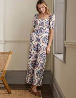 Leinen-Jumpsuit mit eckigem Ausschnitt-Bunt, Wildblumenmuster