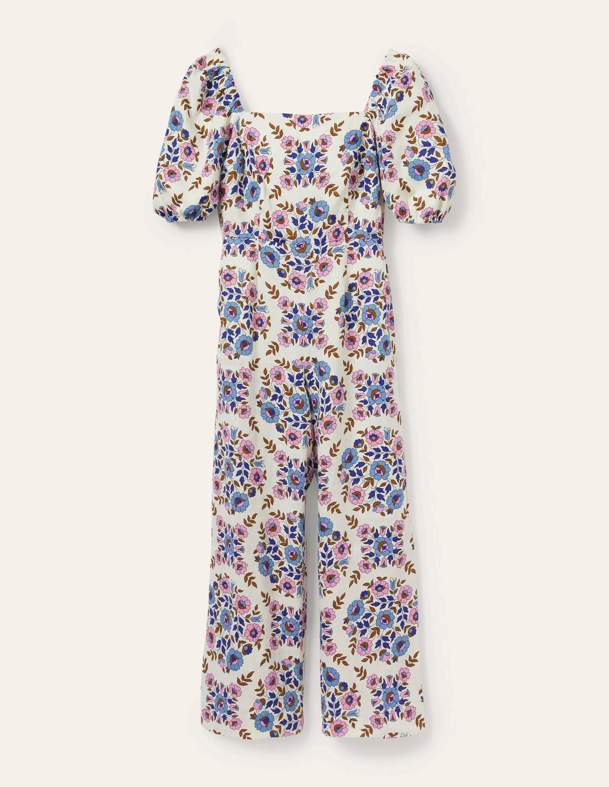 Leinen-Jumpsuit mit eckigem Ausschnitt-Bunt, Wildblumenmuster