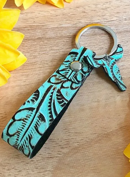 Longhorn Leather Embossed Turquoise Tassel Keychain
