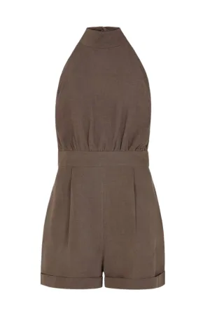 Louise Short Halterneck Jumpsuit in mocha