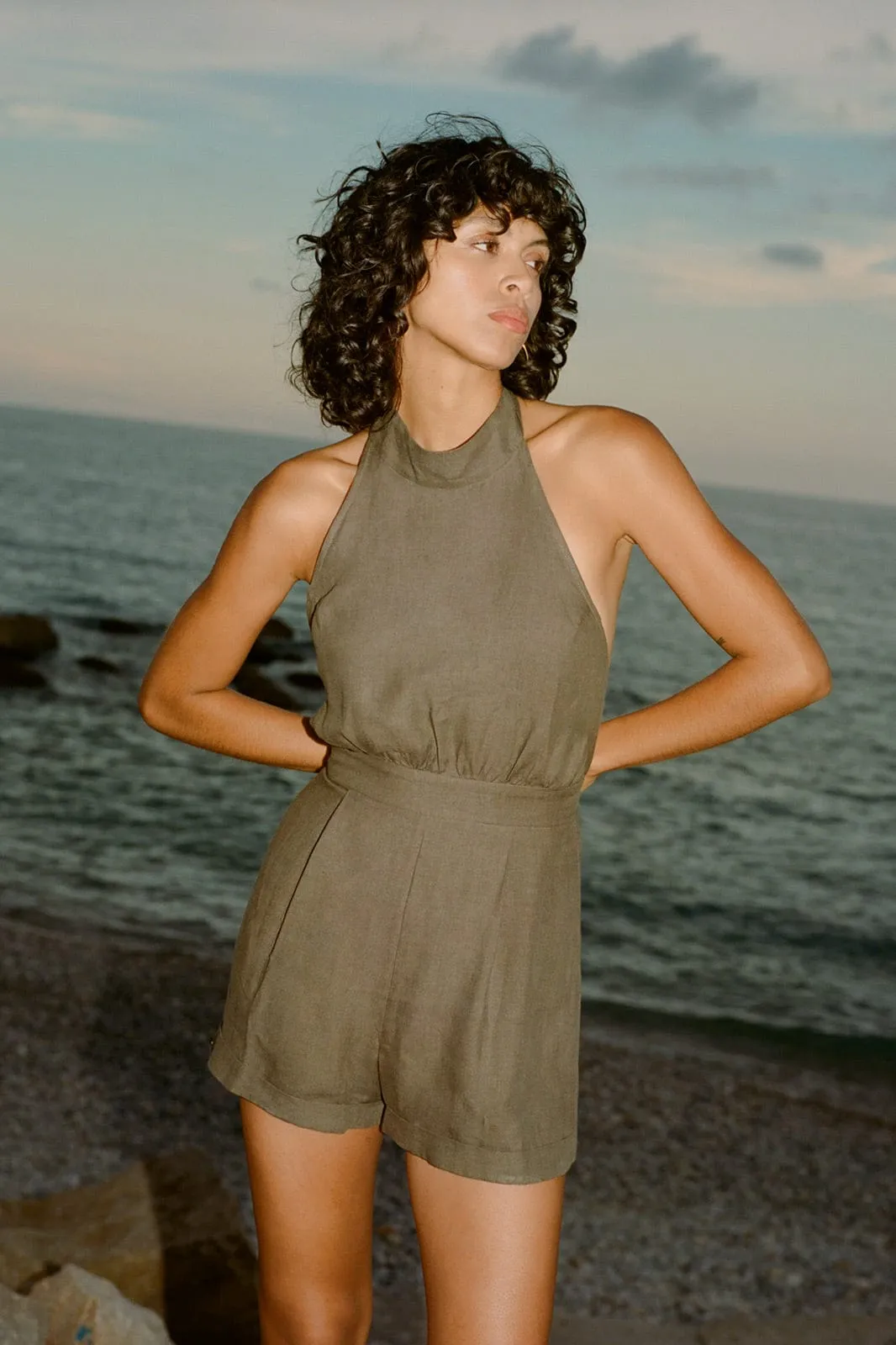 Louise Short Halterneck Jumpsuit in mocha