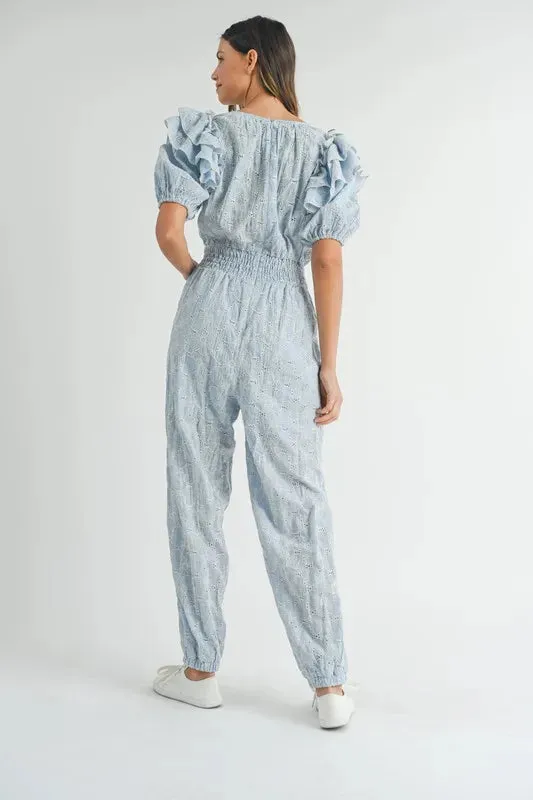 MABLE Eyelet Lace Ruffle Shoulder Jumpsuit