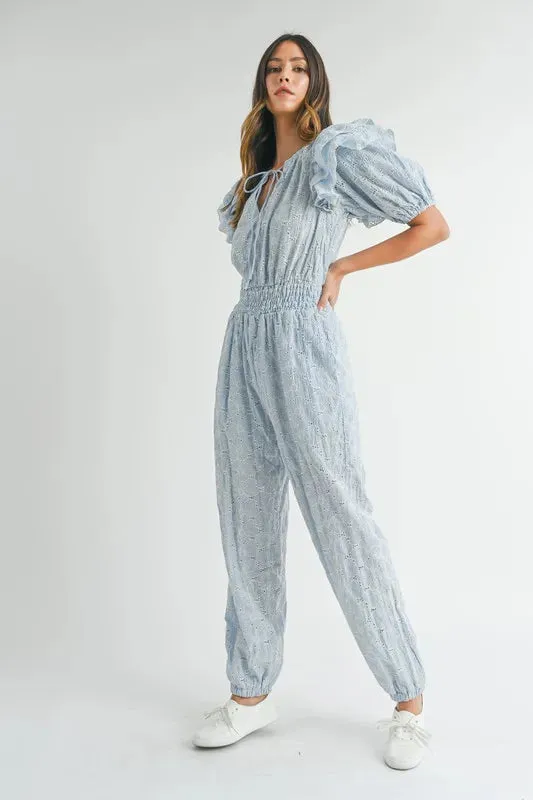 MABLE Eyelet Lace Ruffle Shoulder Jumpsuit