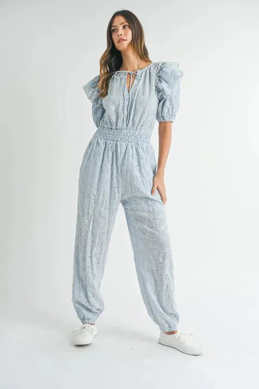 MABLE Eyelet Lace Ruffle Shoulder Jumpsuit