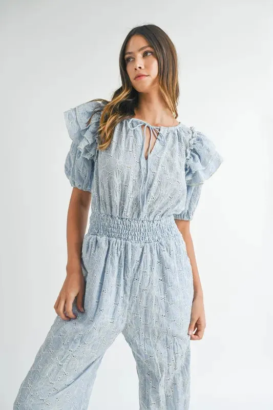 MABLE Eyelet Lace Ruffle Shoulder Jumpsuit