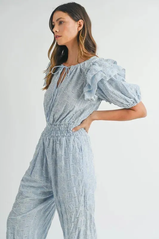 MABLE Eyelet Lace Ruffle Shoulder Jumpsuit