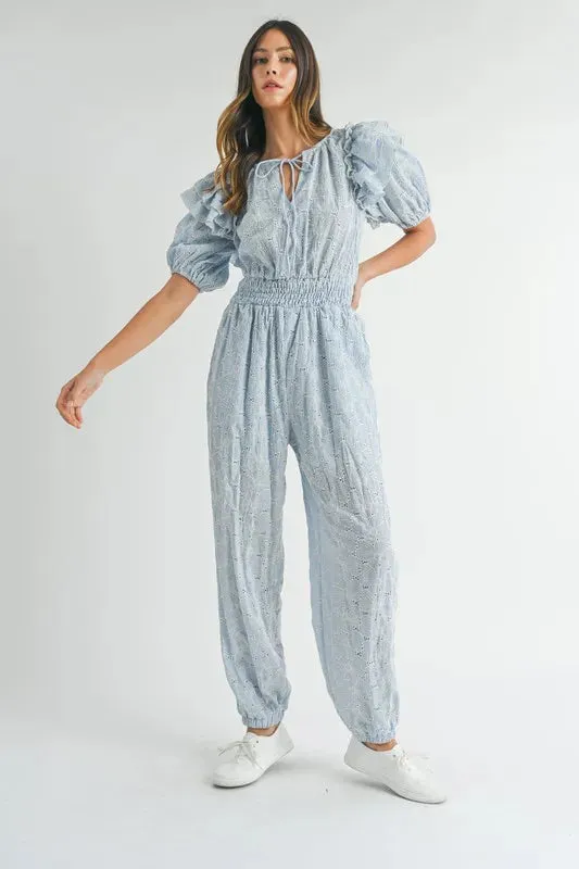 MABLE Eyelet Lace Ruffle Shoulder Jumpsuit