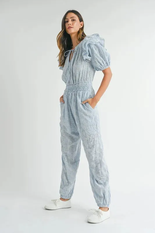 MABLE Eyelet Lace Ruffle Shoulder Jumpsuit
