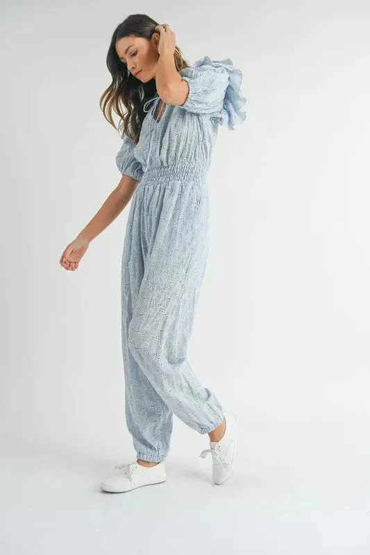 MABLE Eyelet Lace Ruffle Shoulder Jumpsuit