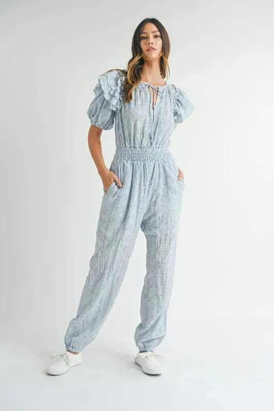 MABLE Eyelet Lace Ruffle Shoulder Jumpsuit