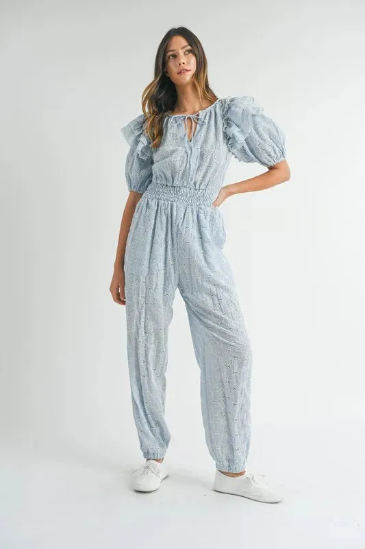 MABLE Eyelet Lace Ruffle Shoulder Jumpsuit